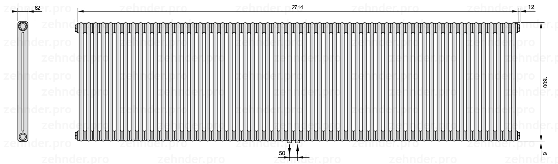 Схема (чертеж) Радиатор Zehnder Charleston 2180/59 №5410 Белый глянцевый RAL 9016